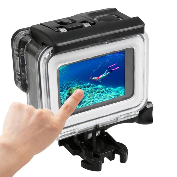 For GoPro HERO5 30m Water-resistant PC & ABS Housing Protective Case + Touch Back Cover with Buckle Basic Mount & Long Screw, Backcover Size: 7 x 6 cm