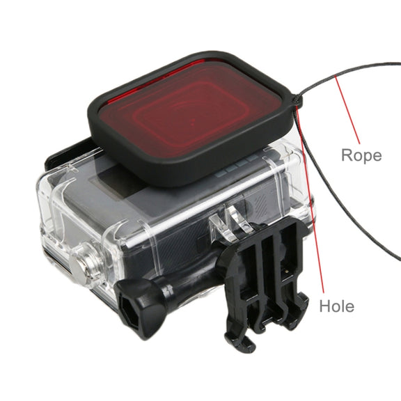 For GoPro HERO5 30m Water-resistant PC & ABS Housing Protective Case + Camera Lens Red Quadrate Filter with Buckle Basic Mount & Long Screw & Anti-lost Hand Strap