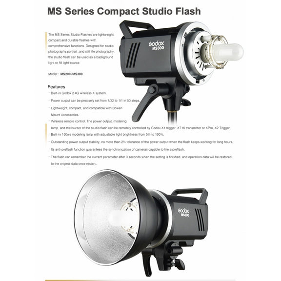 Godox MS300 Studio Flash Light 300Ws Bowens Mount Studio Speedlight with Cover(EU Plug)