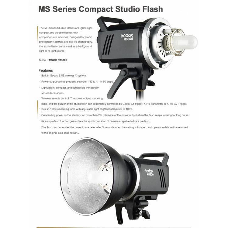 Godox MS300 Studio Flash Light 300Ws Bowens Mount Studio Speedlight with Cover(EU Plug)