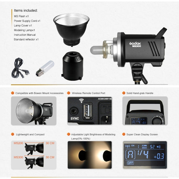 Godox MS300 Studio Flash Light 300Ws Bowens Mount Studio Speedlight with Cover(EU Plug)