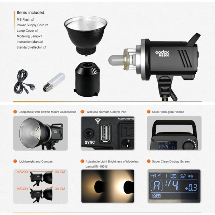 Godox MS300 Studio Flash Light 300Ws Bowens Mount Studio Speedlight with Cover(EU Plug)