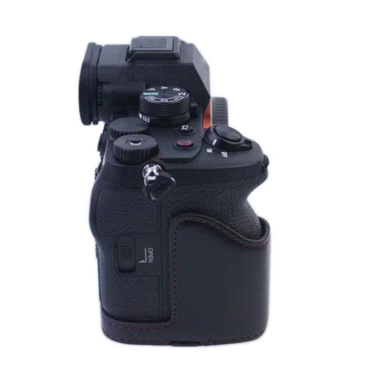 1/4 inch Thread PU Leather Camera Half Case Base for Sony A7 IV (Coffee)