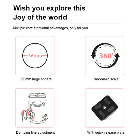 TRIOPO D-2A 360 Degree Rotation Aluminum Alloy Tripod 36mm Ball Head with Quick Release Plate