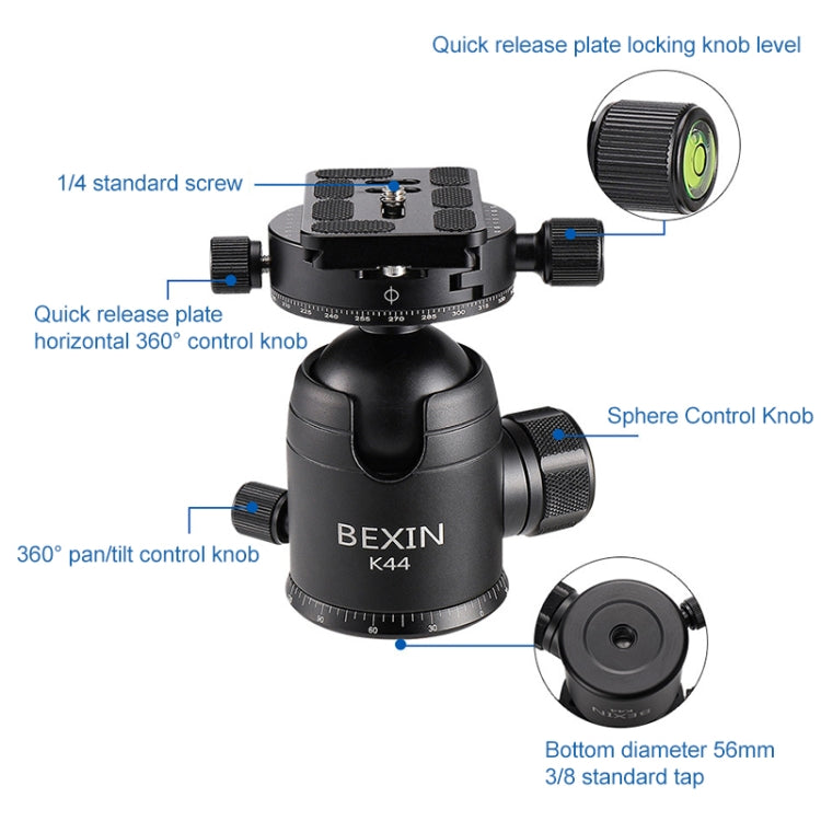 BEXIN RC294 Portable Collapsible Carbon Fiber Camera Tripod with K44 Panoramic Ball Head