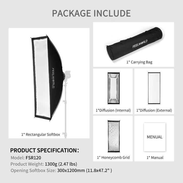 FEELWORLD FSR120 30x120cm Rectangular Softbox Quick Release Bowens Mount Diffuser