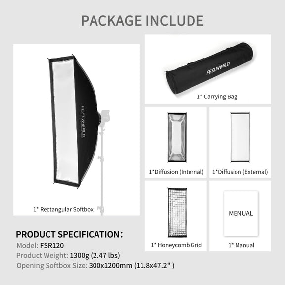 FEELWORLD FSR120 30x120cm Rectangular Softbox Quick Release Bowens Mount Diffuser