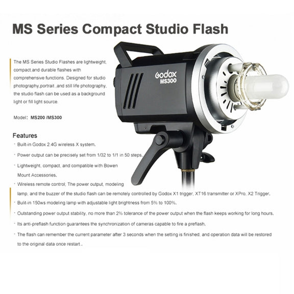 Godox MS300 Studio Flash Light 300Ws Bowens Mount Studio Speedlight (US Plug)