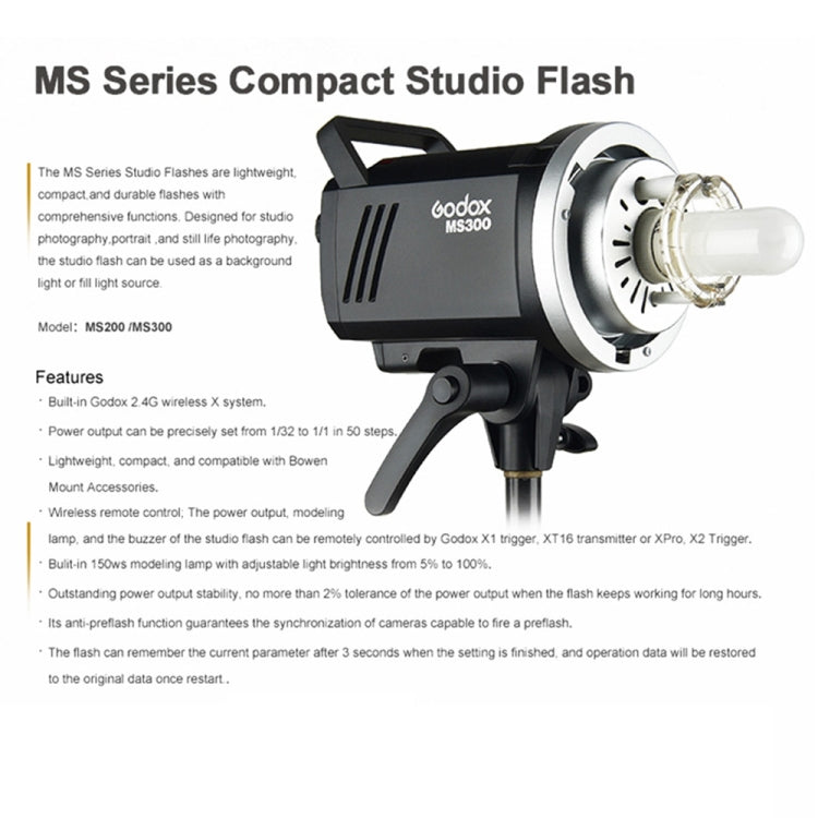 Godox MS300 Studio Flash Light 300Ws Bowens Mount Studio Speedlight (UK Plug)
