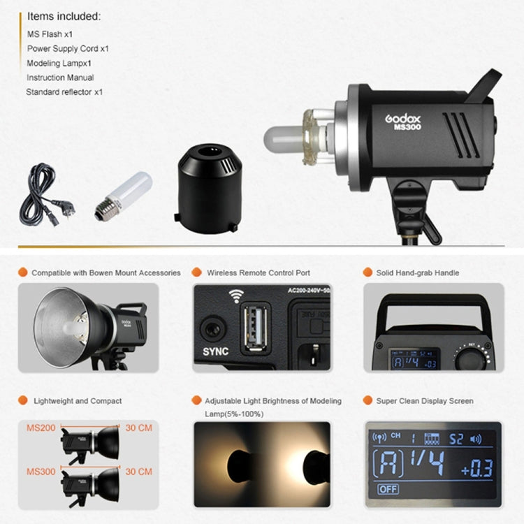 Godox MS300 Studio Flash Light 300Ws Bowens Mount Studio Speedlight (US Plug)
