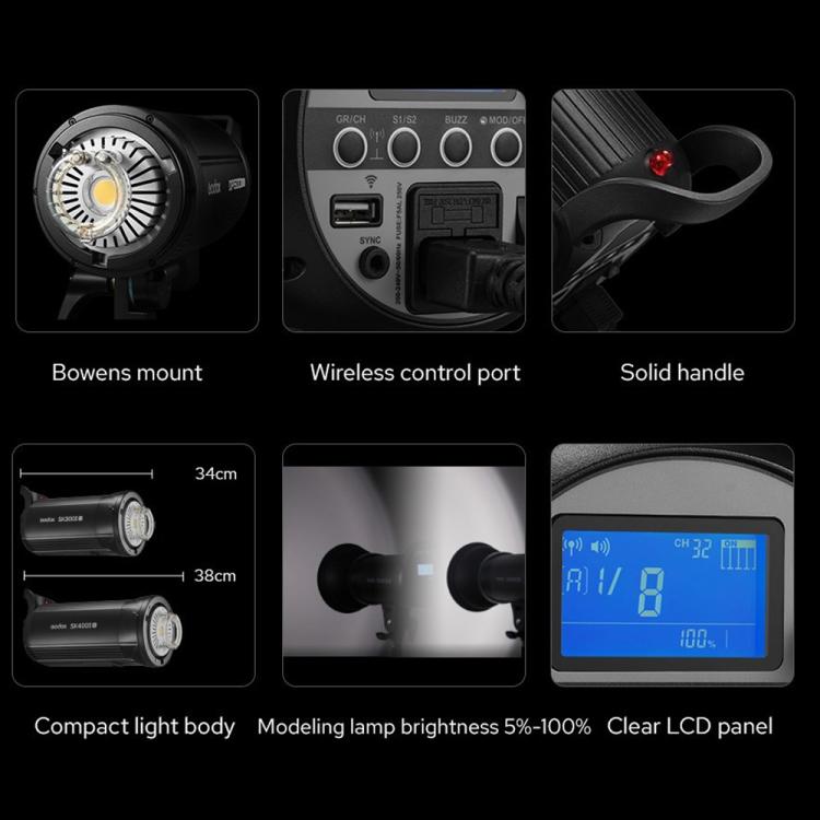 Godox SK300II-V Studio Flash Photo Light 300Ws Bowens Mount Monolight Light (US Plug)