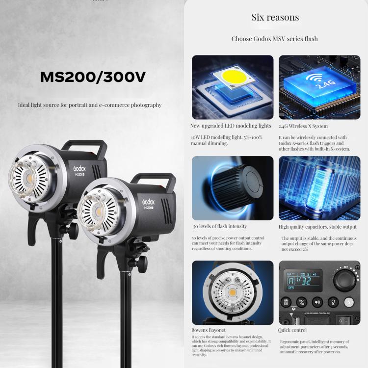 Godox MS300-V Studio Flash Light 300Ws Bowens Mount Strobe Light with Lamp Cover (US Plug)