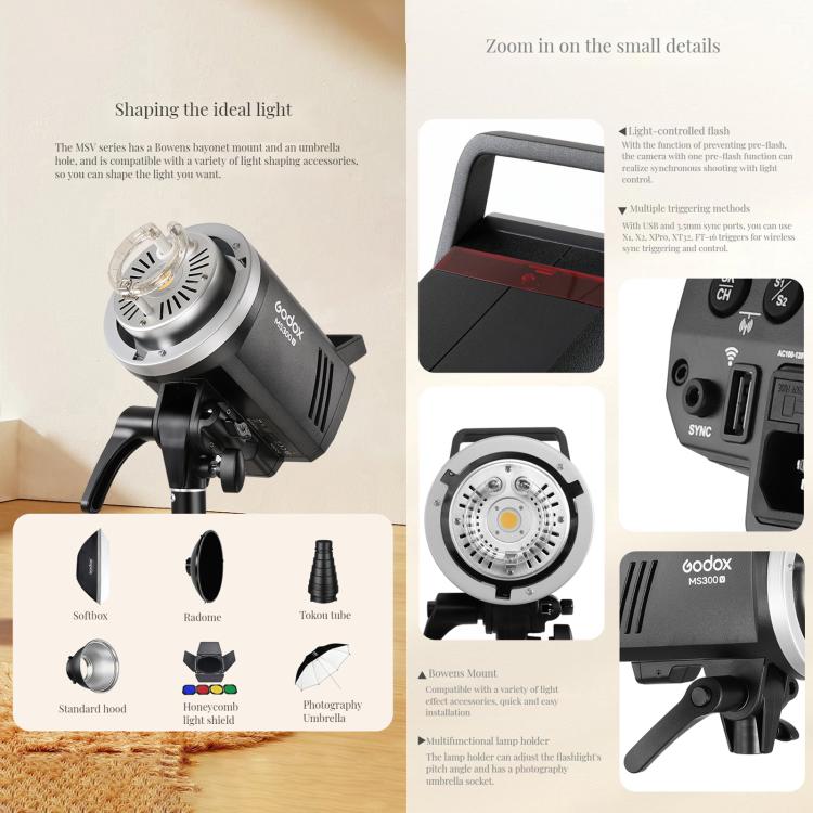 Godox MS300-V Studio Flash Light 300Ws Bowens Mount Strobe Light with Lamp Cover (AU Plug)