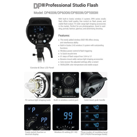Godox DP400III Studio Flash Photo Light 400Ws 2.4G Wireless X System Bowens Mount Strobe Light, No Lamp Cover (UK Plug)