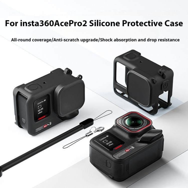 For Insta360 Ace Pro 2 Silicone Protective Case with Wrist Strap & Lens Cover (Black)