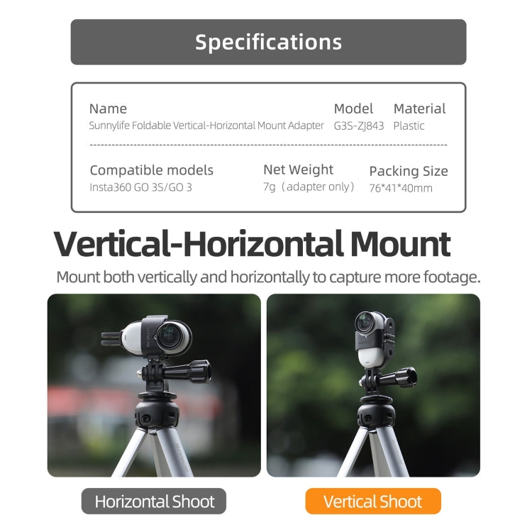 For Insta360 GO 3S / GO 3 Sunnylife Foldable Vertical-Horizontal Mount Adapter Protective Frame Brackets Housing Case (Black)