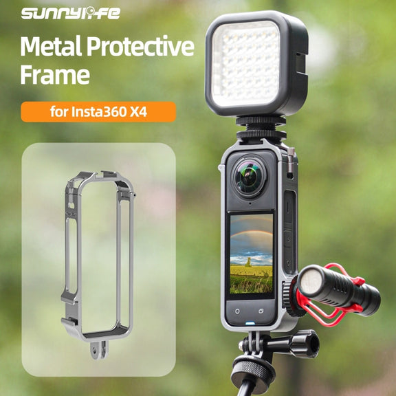 For Insta360 X4 Sunnylife Metal Protective Cage Rig with Cold Shoe Bases & Tripod Adapter (Titanium Color)