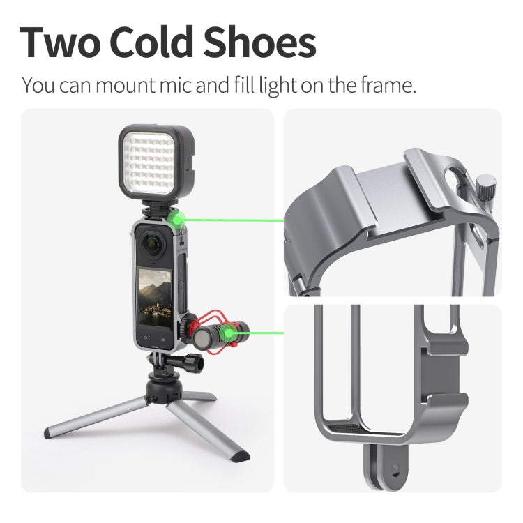 For Insta360 X4 Sunnylife Metal Protective Cage Rig with Cold Shoe Bases & Tripod Adapter (Titanium Color)