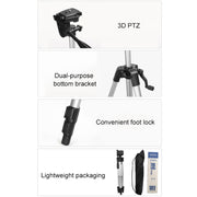 Live Broadcast Tripod 3-Section Folding Legs Aluminum Alloy Tripod Mount with U-Shape Three-Dimensional Tripod Head & Phone Clamp for DSLR & Digital Camera, Adjustable Height: 47.5-133cm
