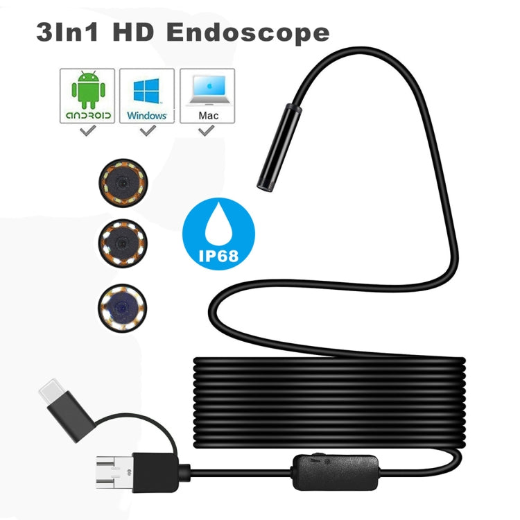 Y101 8mm Spiral Head 3 In 1 Water-resistant Digital Endoscope Inspection Camera, Length: 2m Hard Cable(Black)