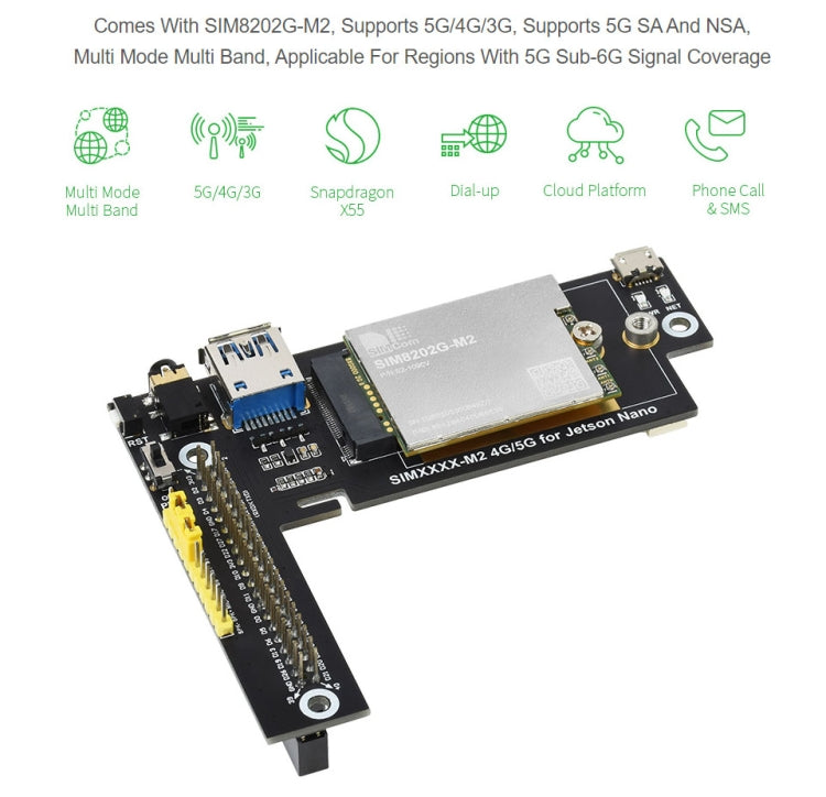 Waveshare SIM8202G-M2 5G Snapdragon X55 Multi Mode Multi Band 5G/4G/3G Module Expand Board for Jetson Nano, EU Plug