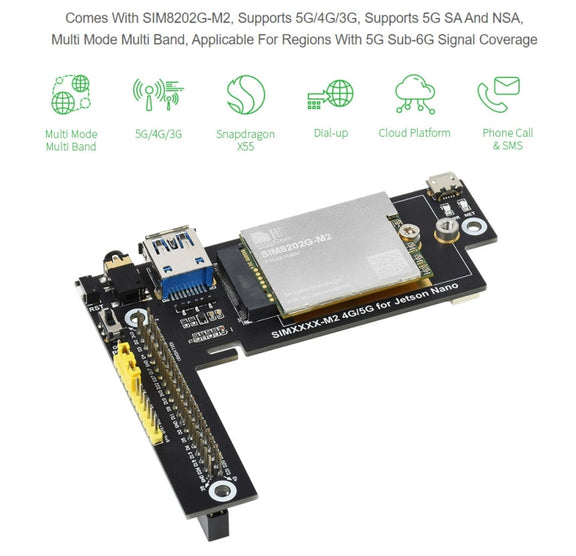 Waveshare SIM8202G-M2 5G Snapdragon X55 Multi Mode Multi Band 5G/4G/3G Module Expand Board for Jetson Nano, EU Plug