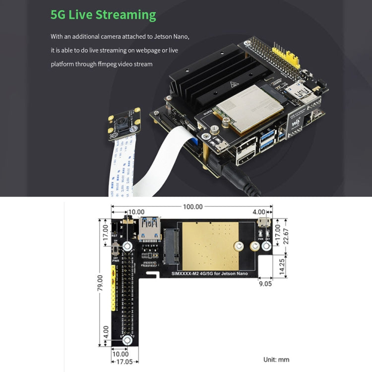 Waveshare SIM8202G-M2 5G Snapdragon X55 Multi Mode Multi Band 5G/4G/3G Module Expand Board for Jetson Nano, EU Plug