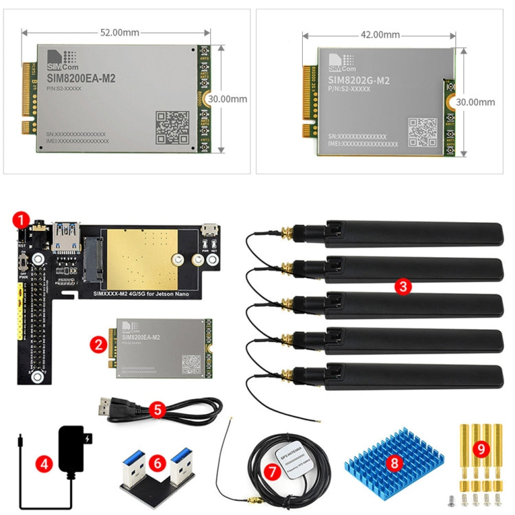 Waveshare SIM8200EA-M2 5G Snapdragon X55 Multi Mode Multi Band 5G/4G/3G Module Expand Board for Jetson Nano, EU Plug