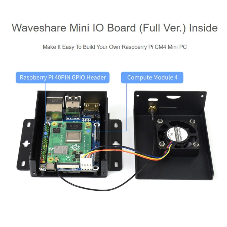 Waveshare Mini IO Board Full Ver Mini-Computer Base Box with Metal Case & Cooling Fan for Raspberry Pi CM4(EU Plug)