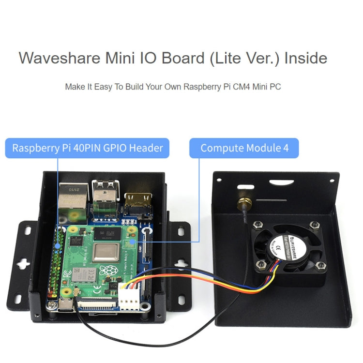 Waveshare Mini IO Board Lite Ver Mini-Computer Base Box with Metal Case & Cooling Fan for Raspberry Pi CM4(EU Plug)
