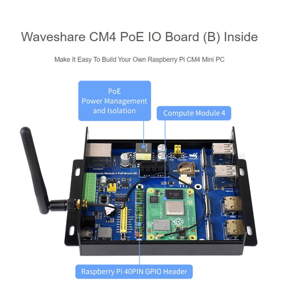 Waveshare PoE Mini-Computer Type B Base Box with Metal Case & Cooling Fan for Raspberry Pi CM4(EU Plug)