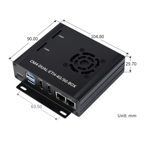 Waveshare Dual Gigabit Ethernet 5G/4G Computer Box with Cooling Fan for Raspberry Pi CM4(EU Plug)