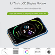 WAVESHARE 1.47 inch LCD Display Module, Rounded Corners, 172 x 320 Resolution, SPI Interface