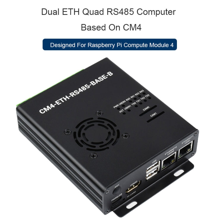 Waveshare Dual ETH Mini-Computer for Raspberry Pi CM4, Gigabit Ethernet, 4CH Isolated RS485(EU Plug)