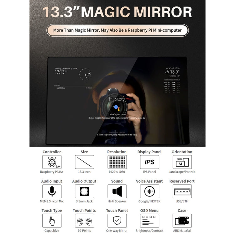 Waveshare 13.3 inch Magic Mirror, Voice Assistant, Touch Control(UK Plug)