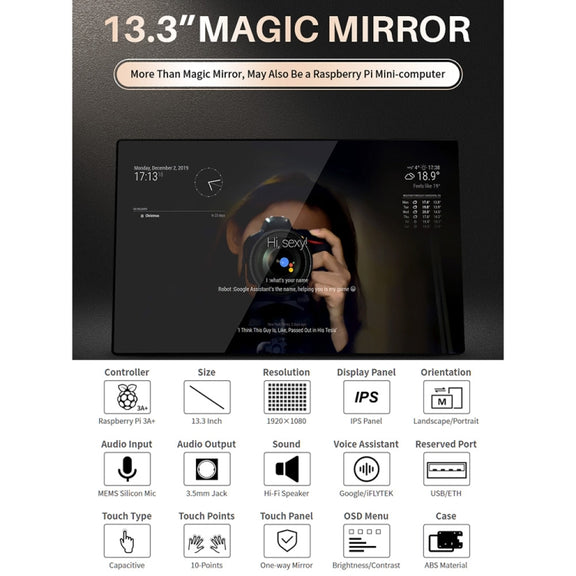 Waveshare 13.3 inch Magic Mirror, Voice Assistant, Touch Control(EU Plug)