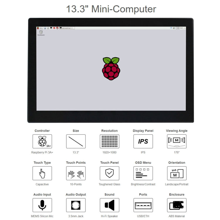 Waveshare 13.3 inch Mini-Computer Powered by Raspberry Pi 3A+, HD Touch Screen(US Plug)