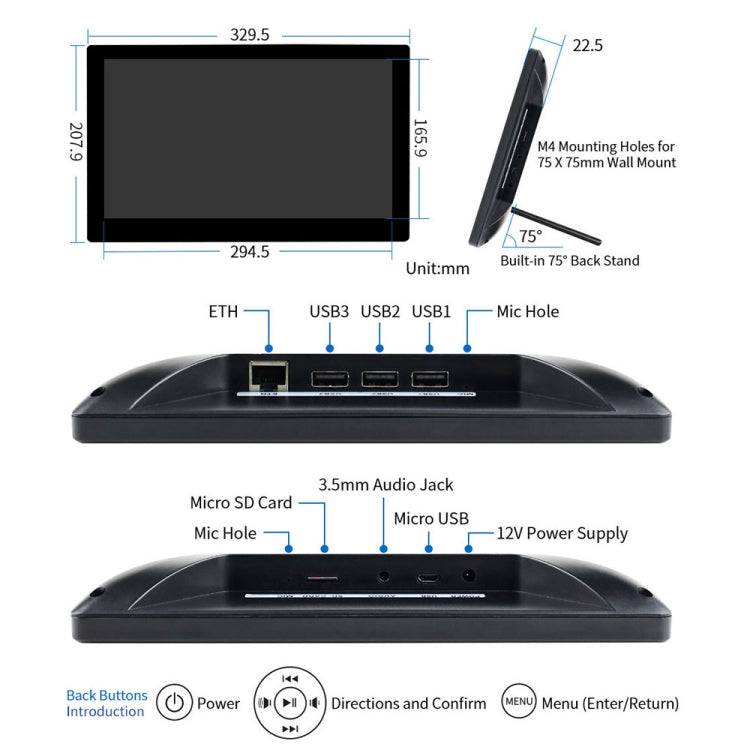 Waveshare 13.3 inch Mini-Computer Powered by Raspberry Pi 3A+, HD Touch Screen(EU Plug)