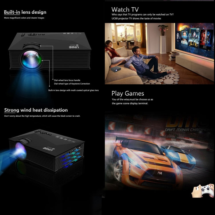 UC68+ 40ANSI 1024 x 600P Home Theater Multimedia HD LED Projector,  Support USB/SD/HDMI/VGA/IR
