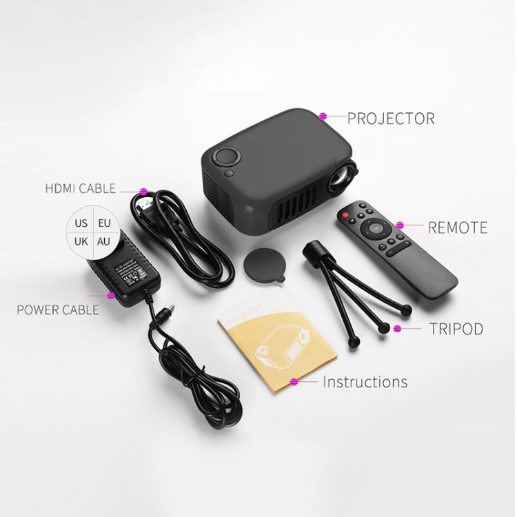 A2000 1080P Mini Portable Smart Projector Children Projector, UK Plug(Black)