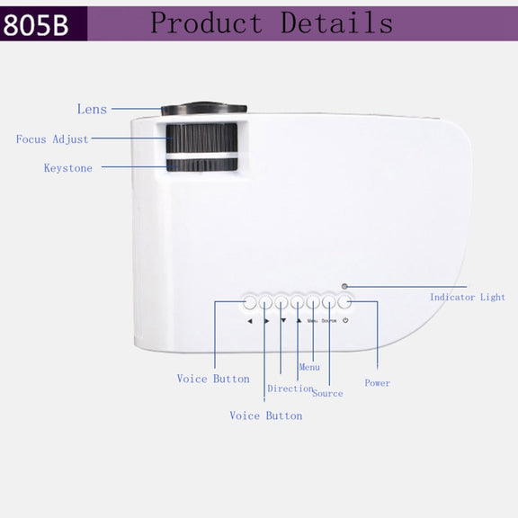RD-805B 960*640 1200 Lumens Portable Mini LED Projector Home Theater with Remote Controller ,Support USB + VGA + HDMI + AV + TV(White)