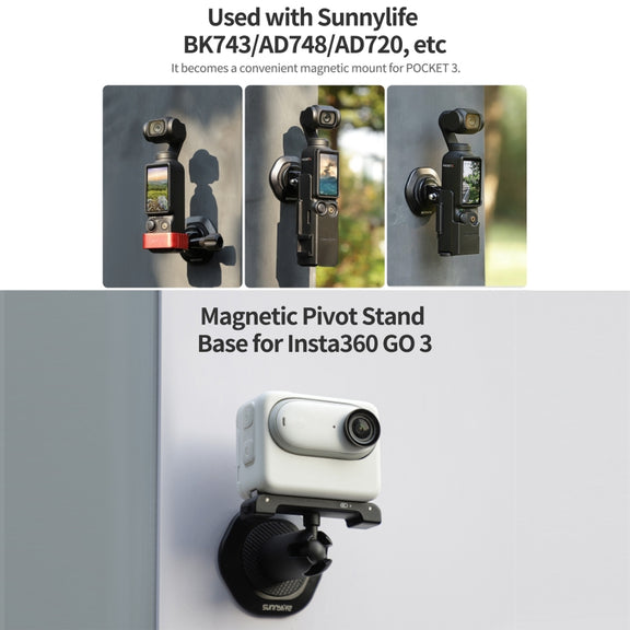 Sunnylife Universal Metal Magnetic Base 1/4 inch Adapter Aluminium Alloy Pivot Stand Base (Black)