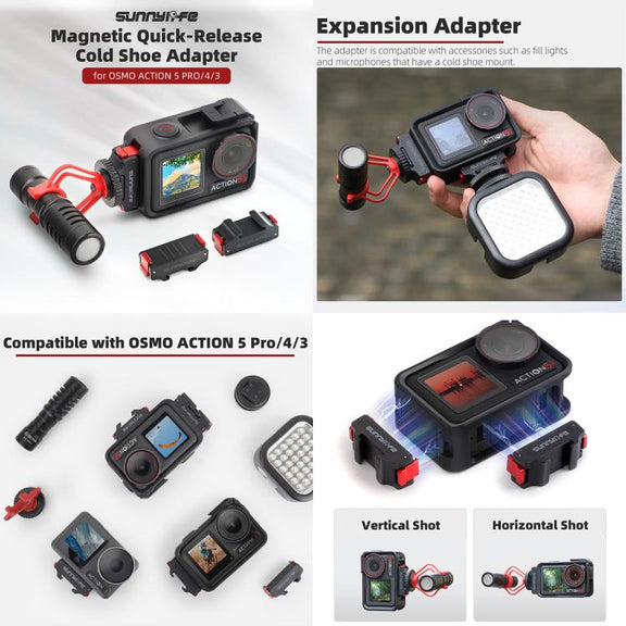 For DJI Osmo Action 5 Pro / 4 / 3 Sunnylife Foldable Magnetic Quick Release Mount + Magnetic Cold Shoe Adapter (Black)