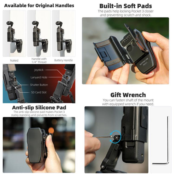 For DJI Osmo Pocket 3 Sunnylife Stretchable Backpack Clip Rotatable Magnetic Mount Action Camera Holder Vlog Mount (Black)