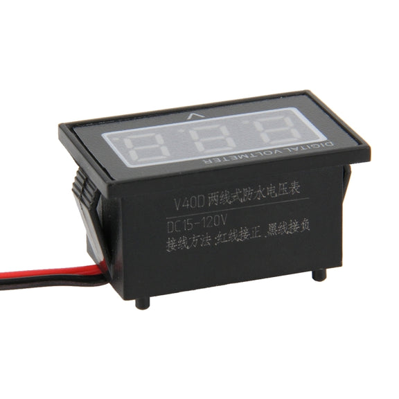 V40D 2 Wires Red Light Display Mini Water-resistant IPX4 Digital Voltage Meter, Measure Voltage: DC 15-120V