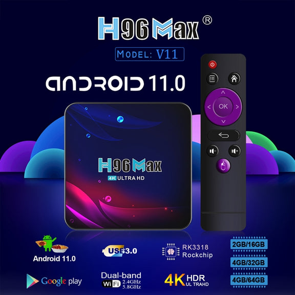 H96 Max V11 4K Smart TV BOX Android 11.0 Media Player with Remote Control, RK3318 Quad-Core 64bit Cortex-A53, RAM: 2GB, ROM: 16GB, Support Dual Band WiFi, Bluetooth, Ethernet, US Plug
