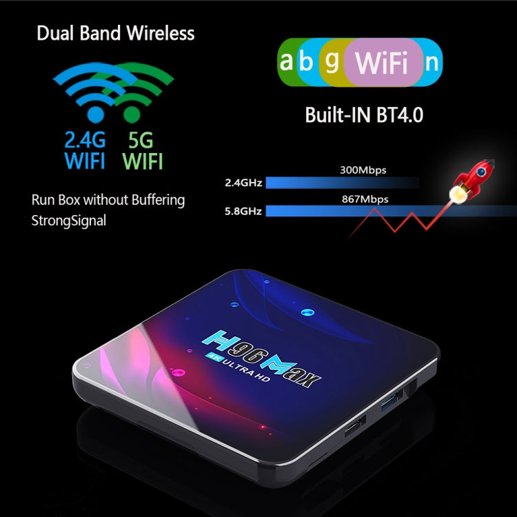 H96 Max V11 4K Smart TV BOX Android 11.0 Media Player with Remote Control, RK3318 Quad-Core 64bit Cortex-A53, RAM: 4GB, ROM: 32GB, Support Dual Band WiFi, Bluetooth, Ethernet, EU Plug