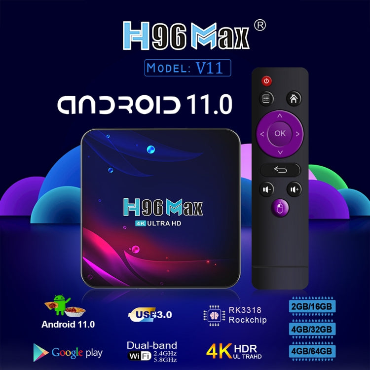 H96 Max V11 4K Smart TV BOX Android 11.0 Media Player with Remote Control, RK3318 Quad-Core 64bit Cortex-A53, RAM: 4GB, ROM: 64GB, Support Dual Band WiFi, Bluetooth, Ethernet, EU Plug