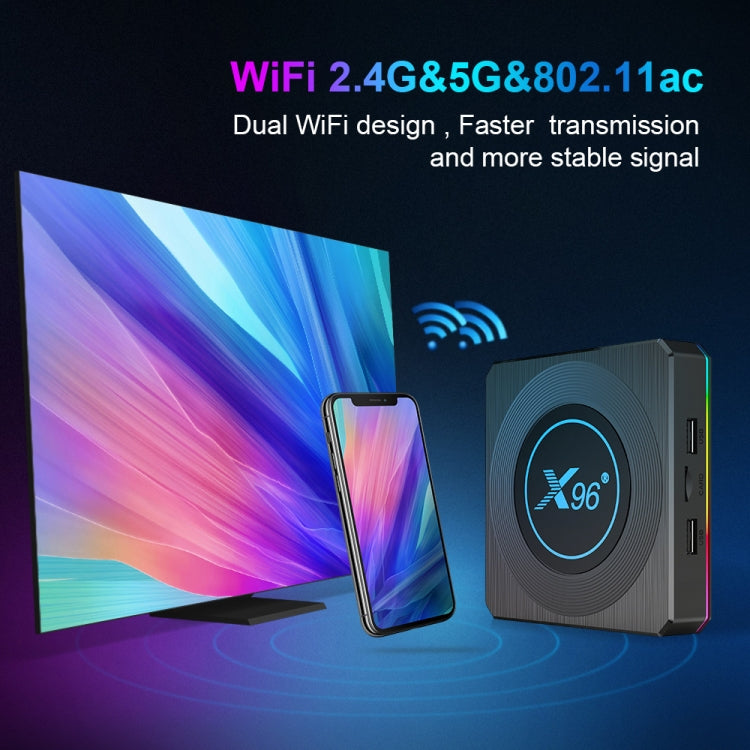 X96 X4 8K Smart TV BOX Android 11.0 Media Player with Remote Control, Amlogic S905X4 Quad Core ARM Cortex A55, RAM: 4GB, ROM: 32GB, Support 100M, Dual Band WiFi, Bluetooth, UK Plug