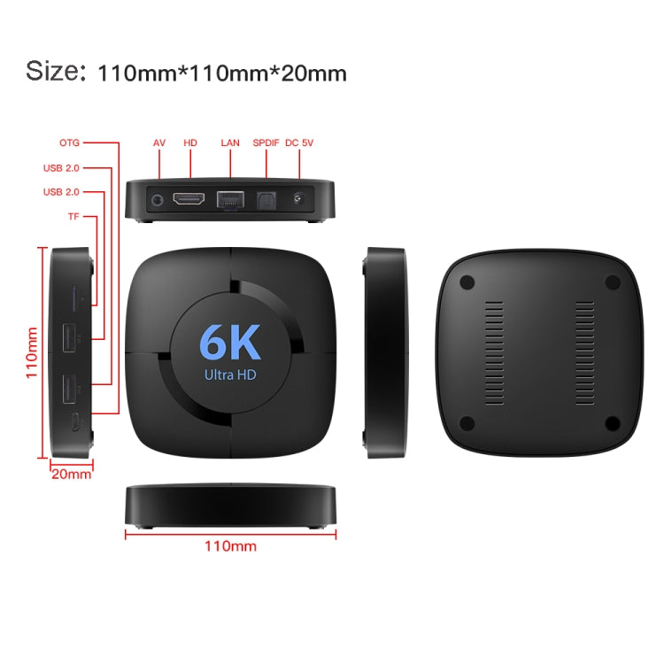 6K UHD Smart TV Box, Android 10.0, Allwinner H616 Quad Core, 2GB+8GB, AU Plug